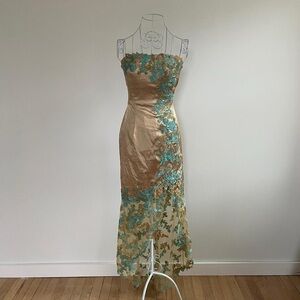 Jovani Strapless Gold Dress with Blue Lace